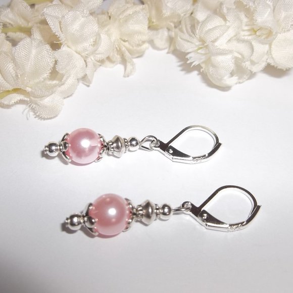 Blush Pink Pearl Earrings Silver Drop Dangle Jewelry Gift Idea for Girl NWT 8232 - Picture 4 of 8